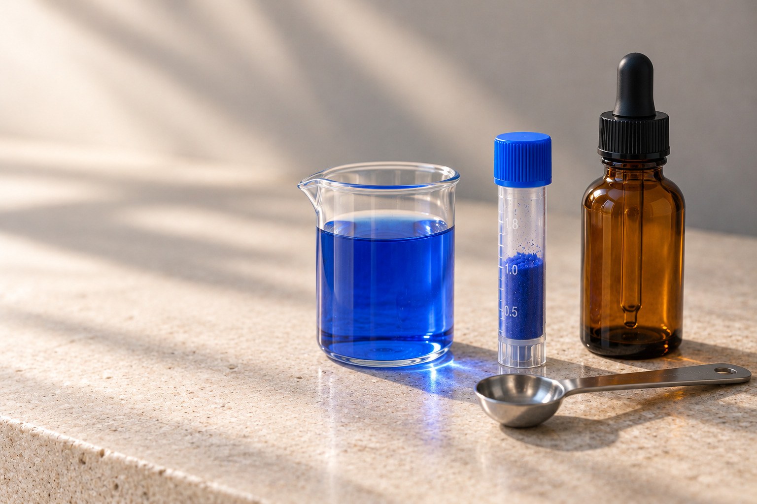 GHK-Cu stock solution, vial and dropper bottle