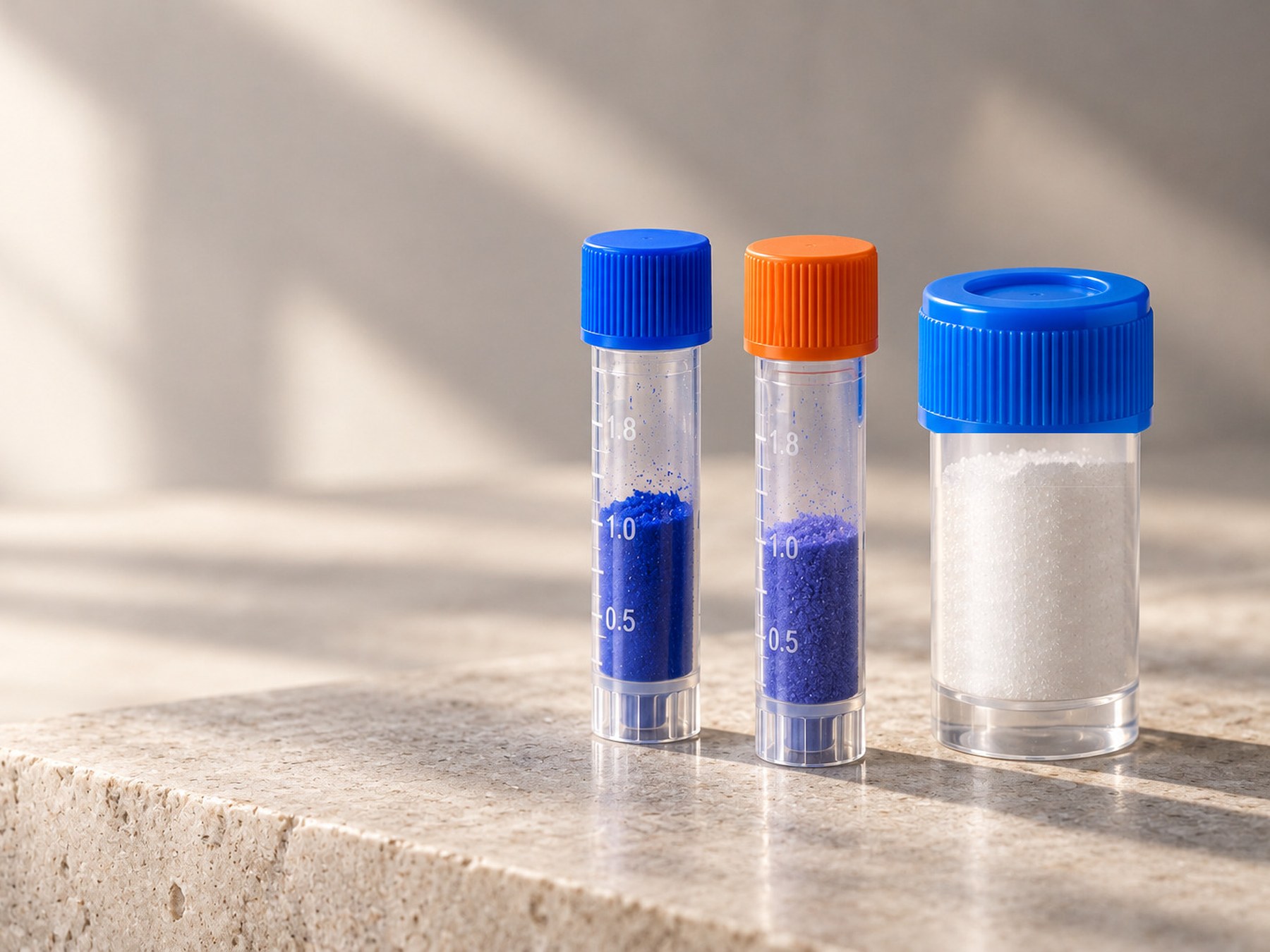 GHK-Cu, AHK-Cu and SNAP-8 vials on stone