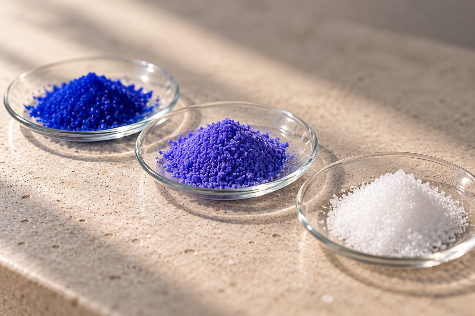 GHK-Cu, AHK-Cu and SNAP-8 powders on glass dishes
