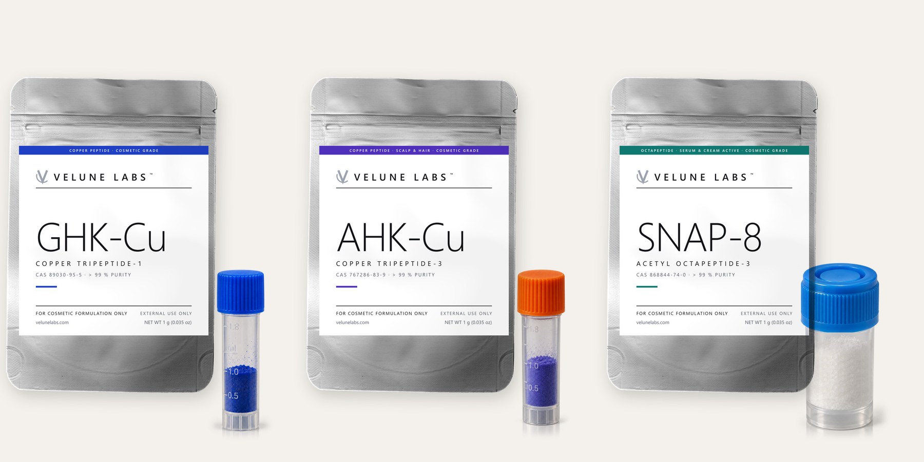 GHK-Cu, AHK-Cu and SNAP-8 pouches with their vials